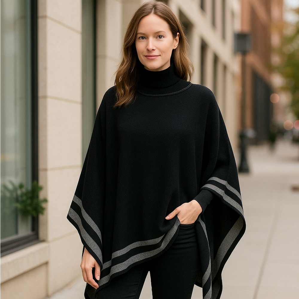 Ann Taylor Black & Gray Knit Oversized Poncho – One Size